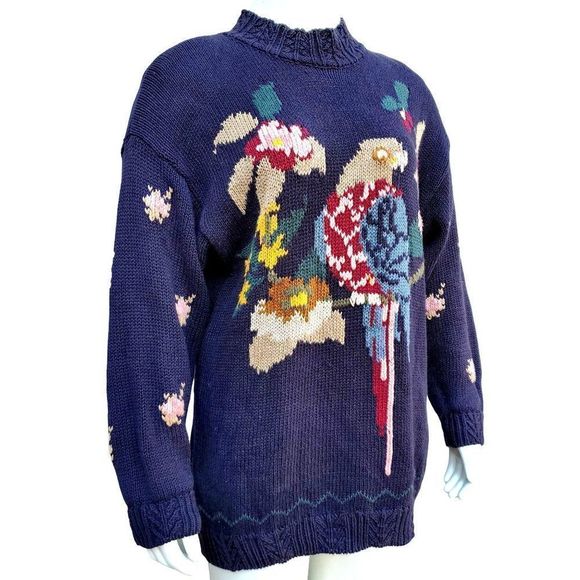80s Sweater Plus Size Black Knit Parrot Tarazzia Cotton Volup Vintage Hong Kong - Picture 12 of 15